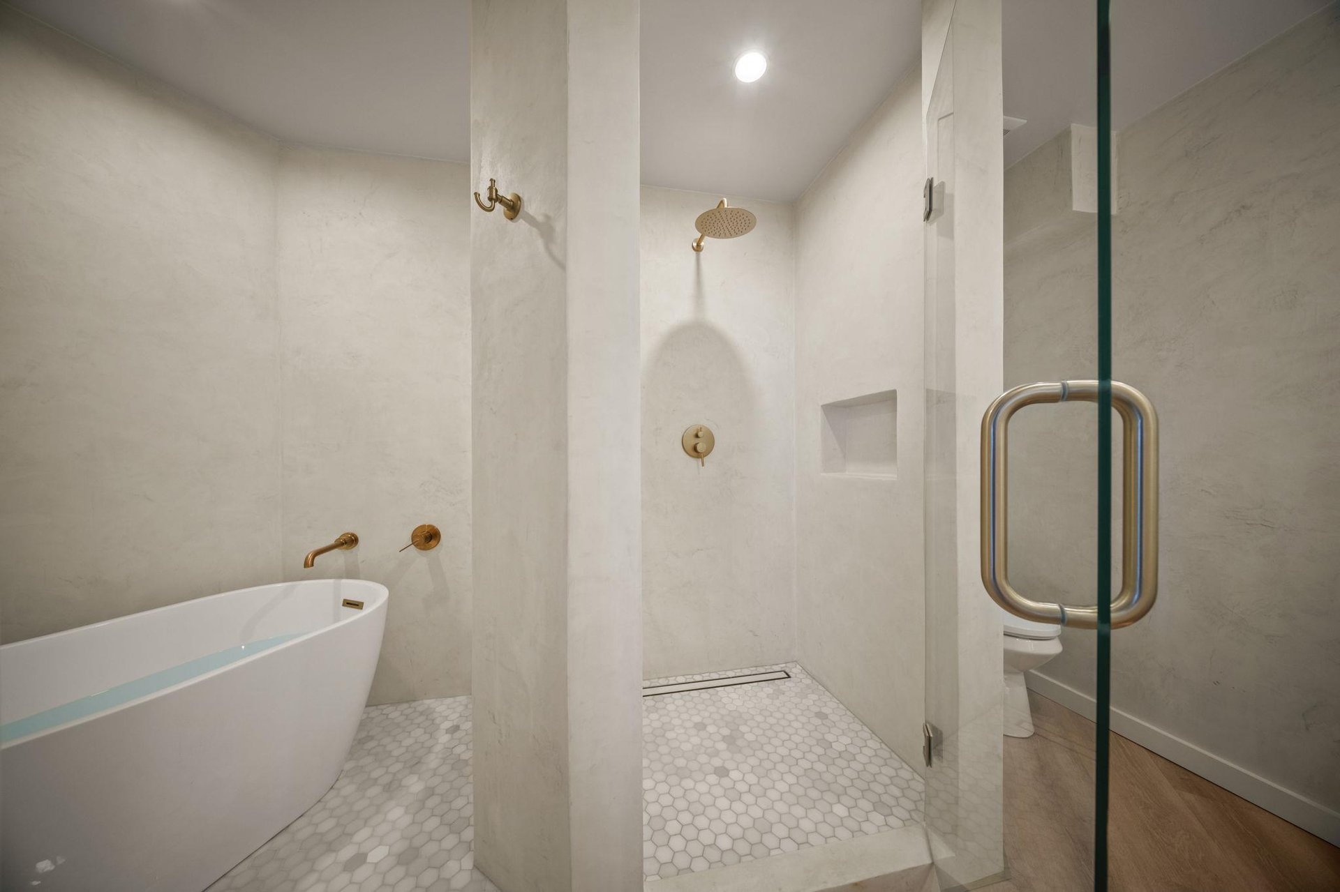 Master bath with walk in shower and tub
