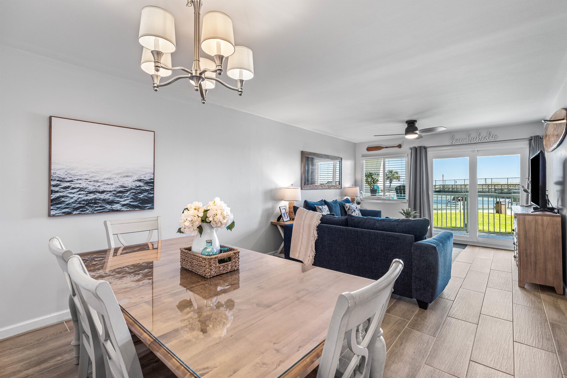 Dine together at the table with seating for six.