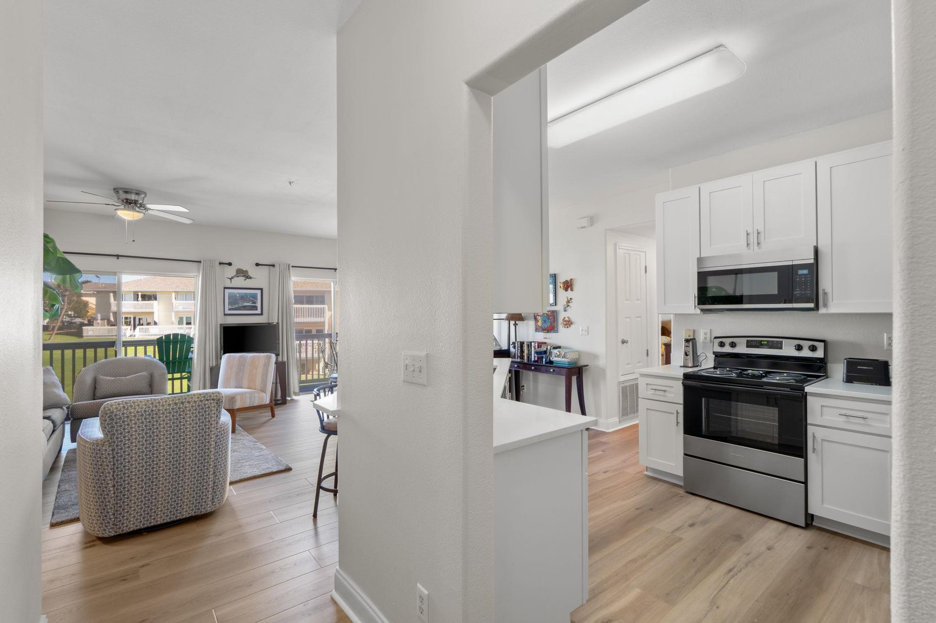 Entrance view of kitchen and living room