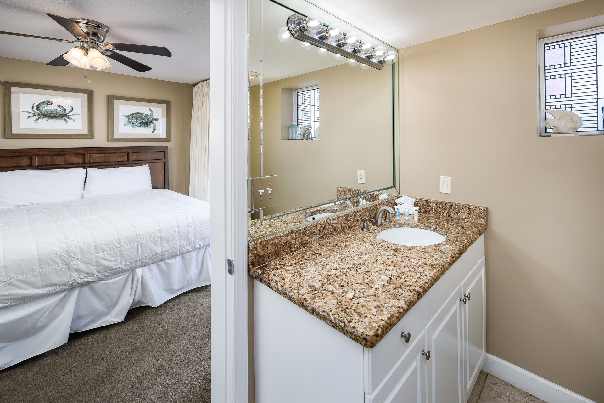 Getting ready for a day at the beach or a night on the town is a breeze in the large master bath.