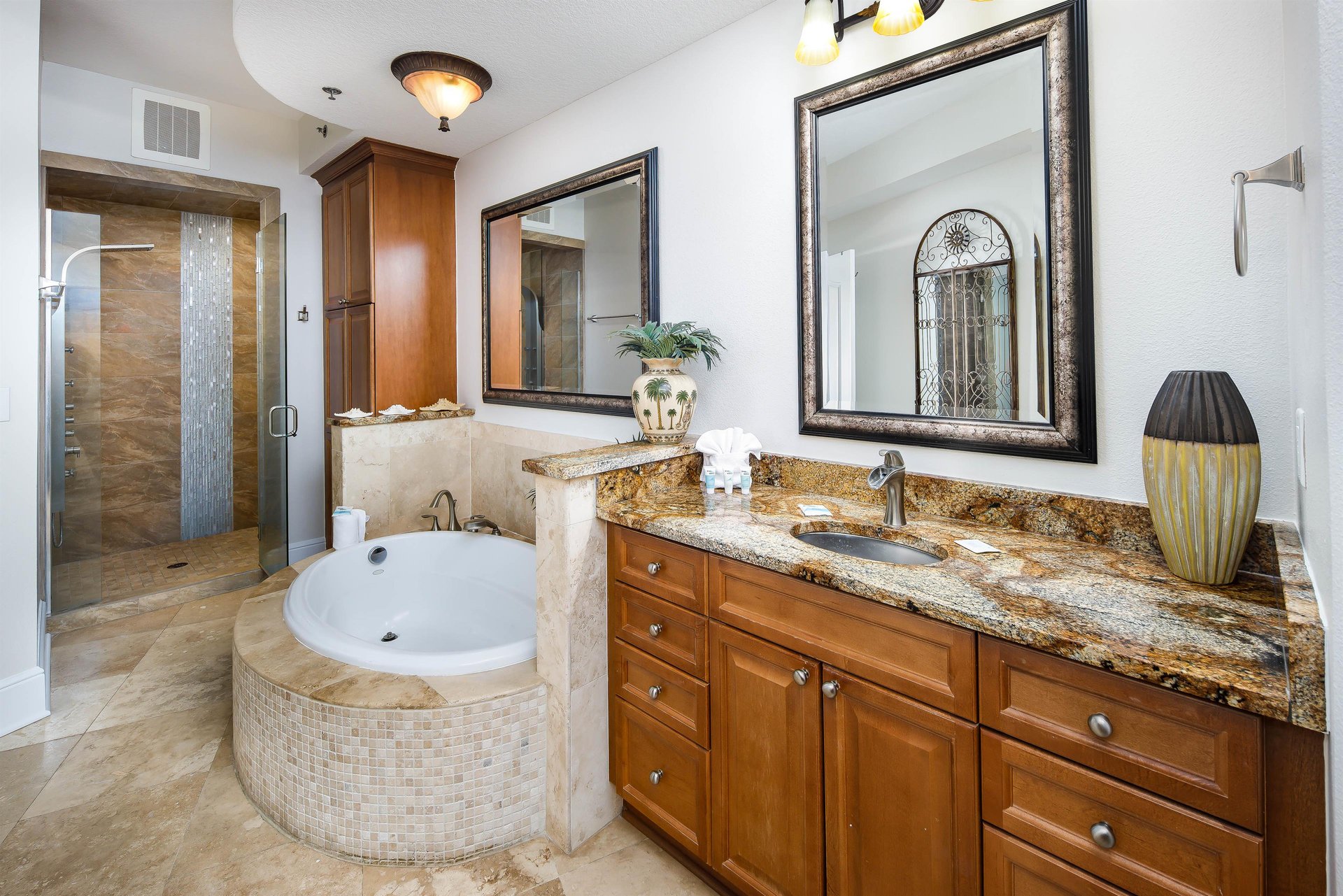 Beautiful master bath with a soaking tub and walkin shower.