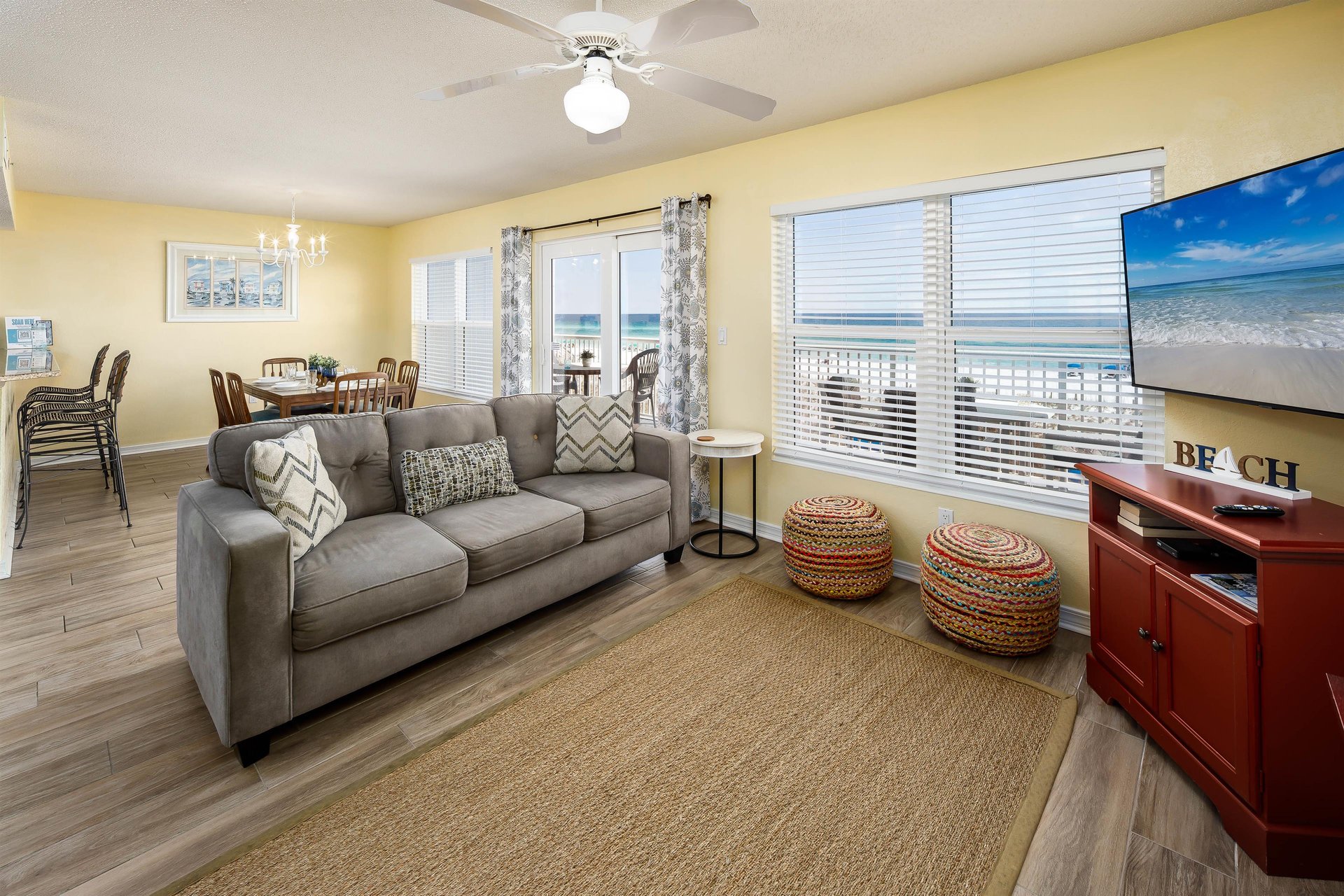 A great gathering place which features a pullout sofa and large flatscreen TV.