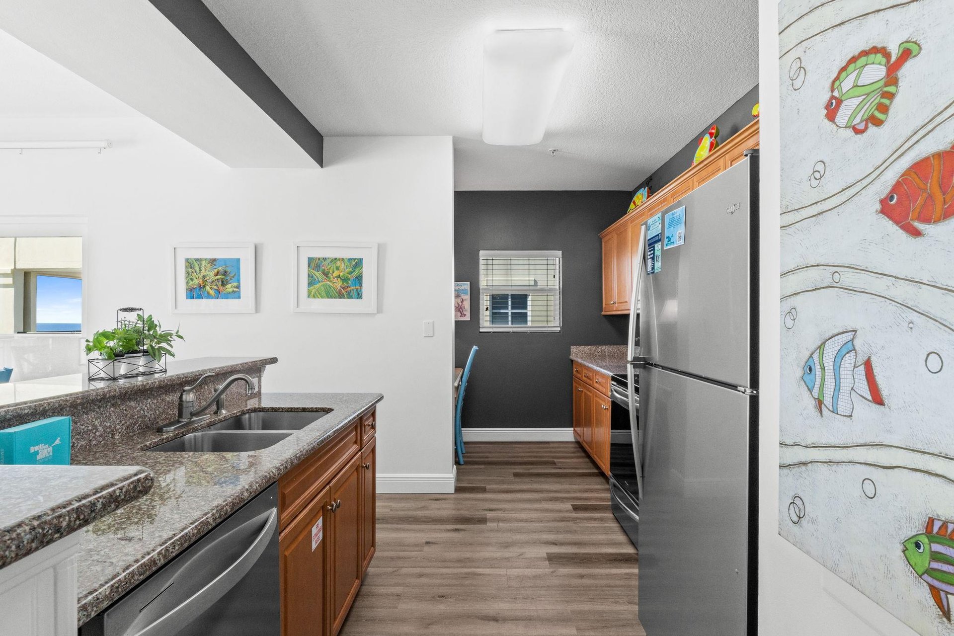 There is ample space to move around with ease in this elegant kitchen. All major appliances are available for your use.