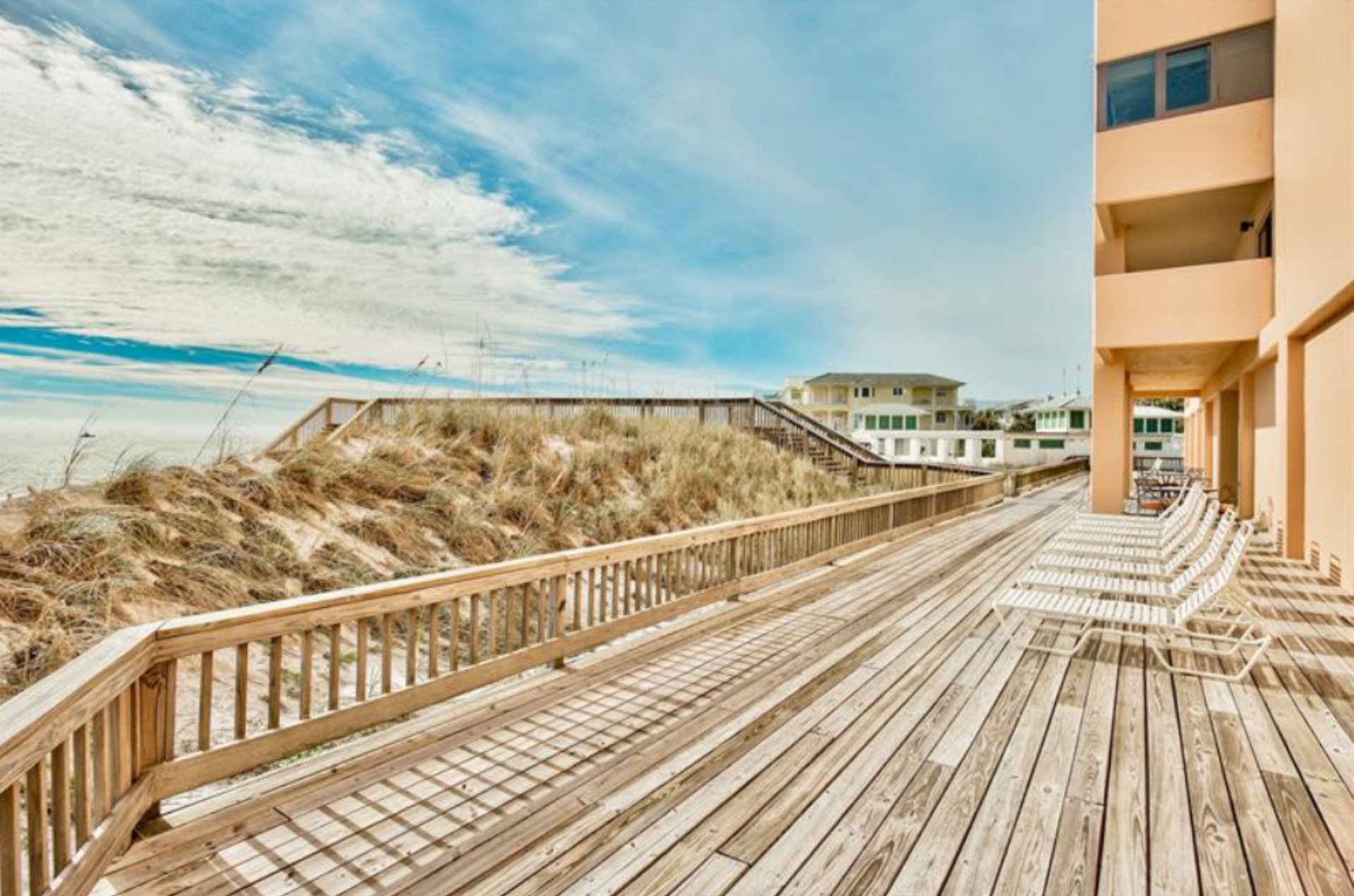 Deck and boardwalk across sand dunes