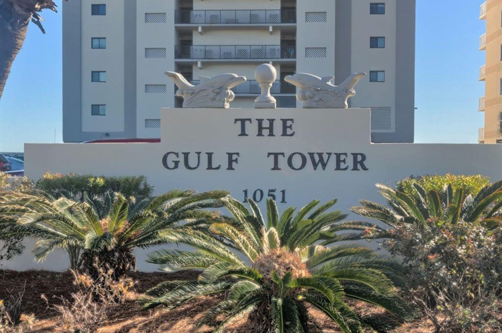The entry sign to Gulf Tower in Gulf Shores Alabama