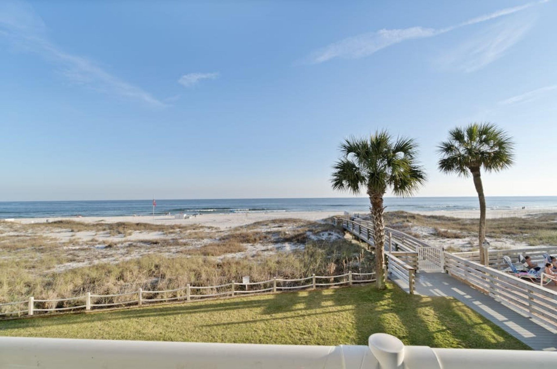 View of the beach and water from a private balcony at SeaSpray Condominiums in Perdido Key Florida