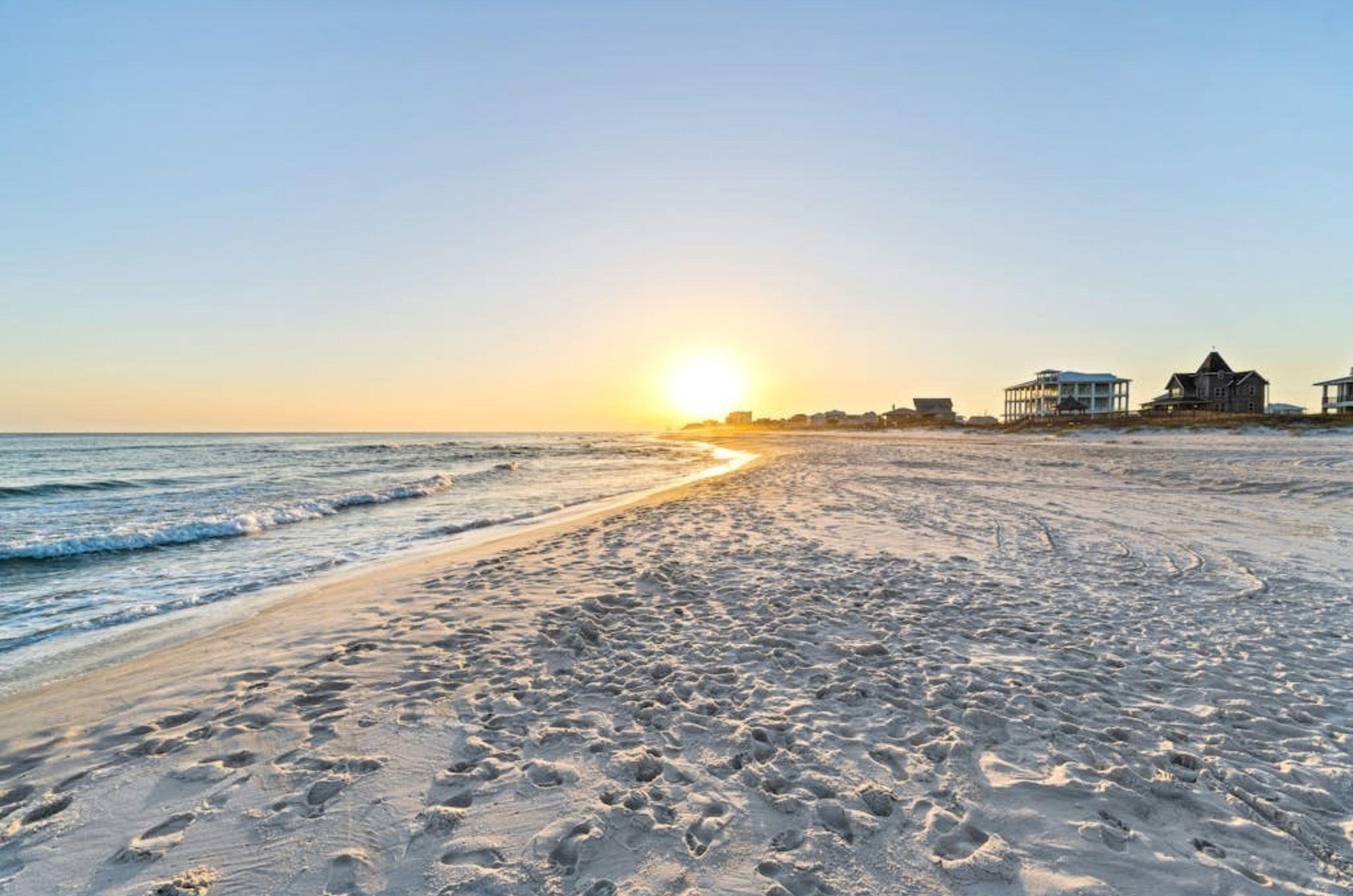 View down the coast of the Gulf and white sandy beaches in Perdido Key Florida