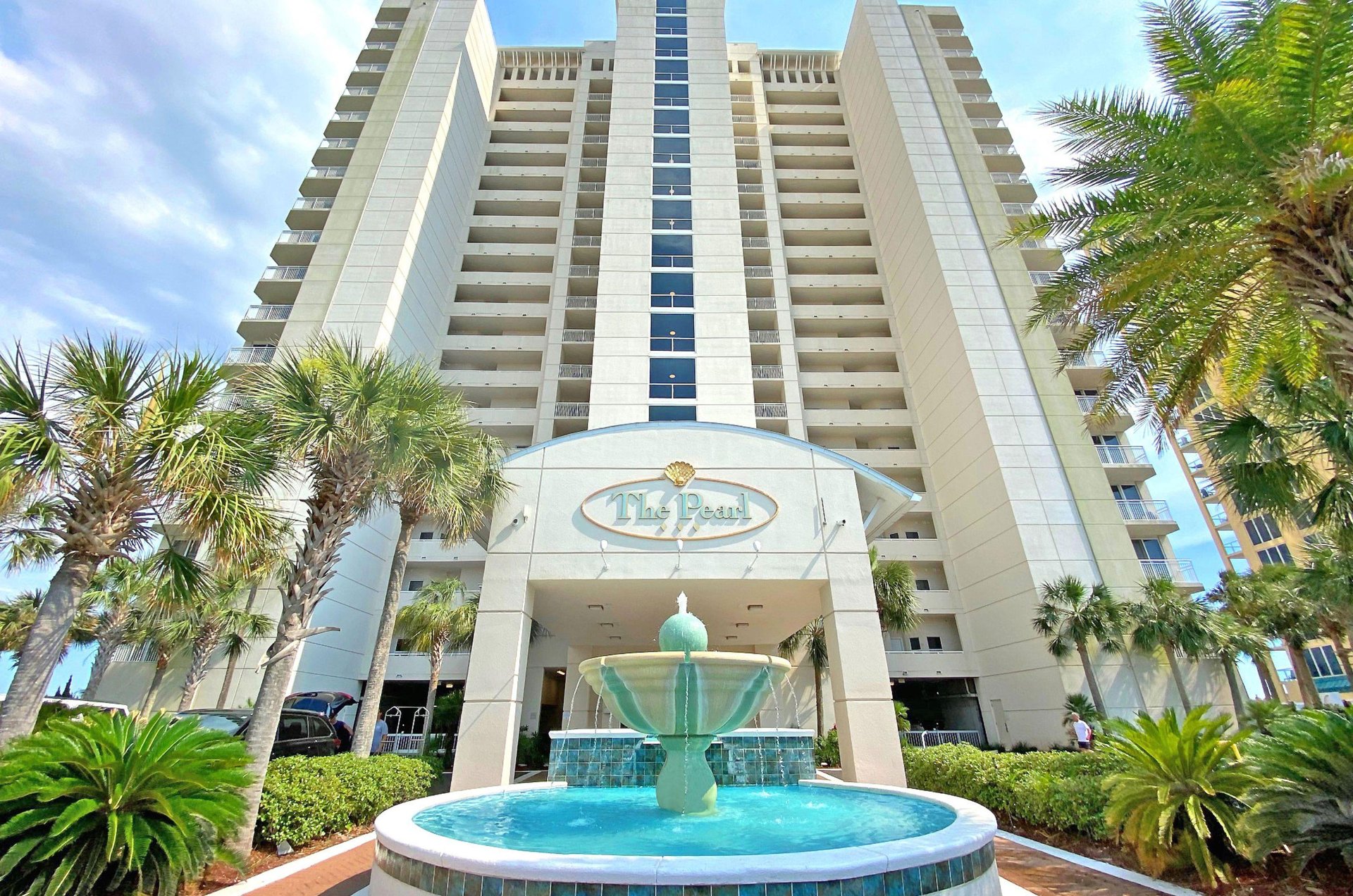The exterior and outdoor fountain at the Pearl of Navarre