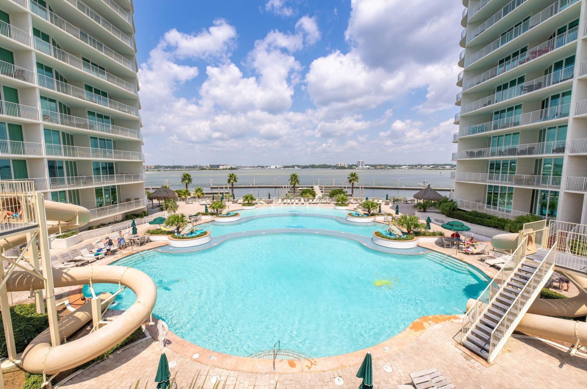 View from a balcony of the outdoor pool and water slides at Caribe Resort