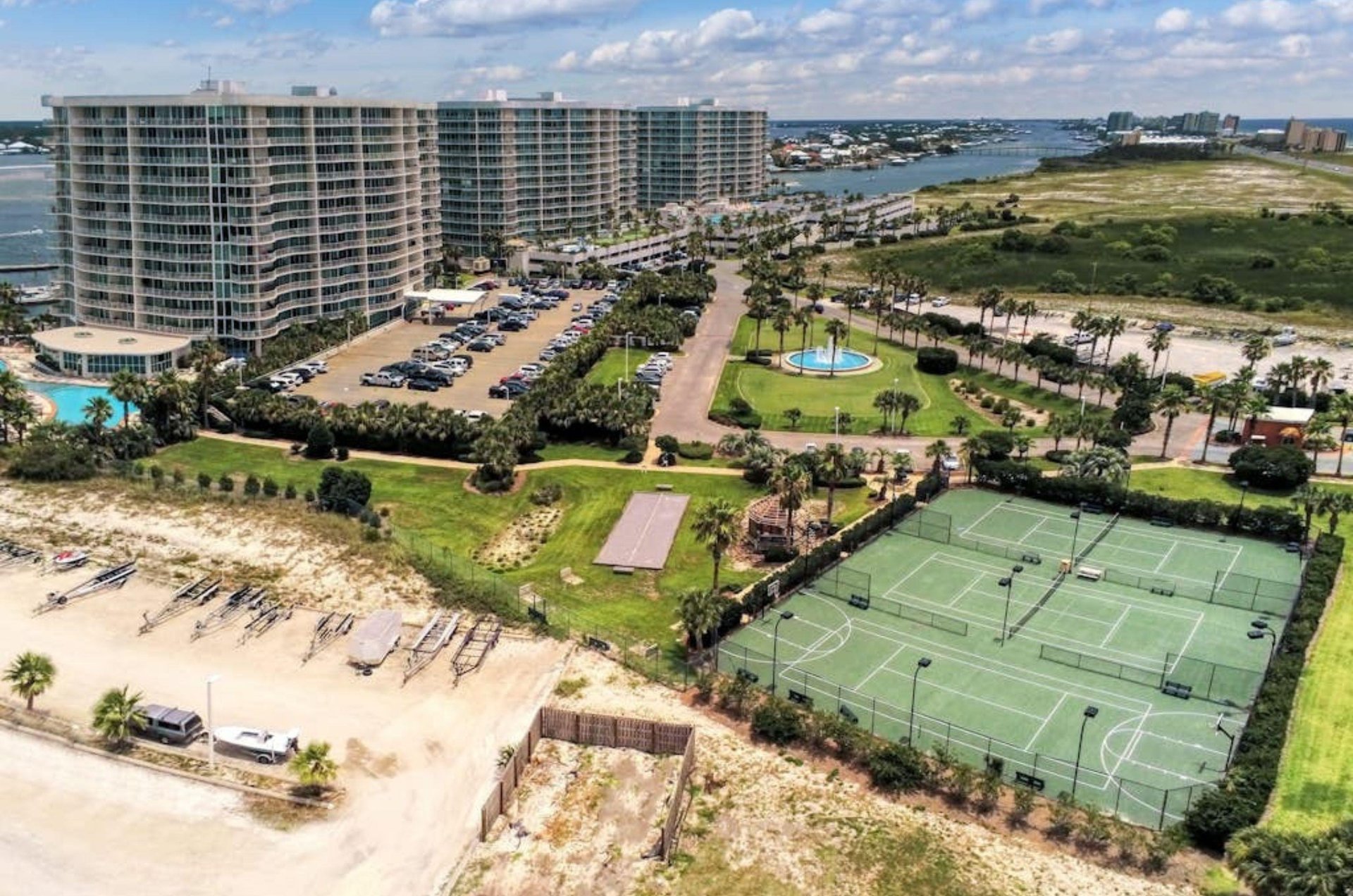 Aerial view of Caribe Resort and the propertys outdoor amenities in Orange Beach Alabama