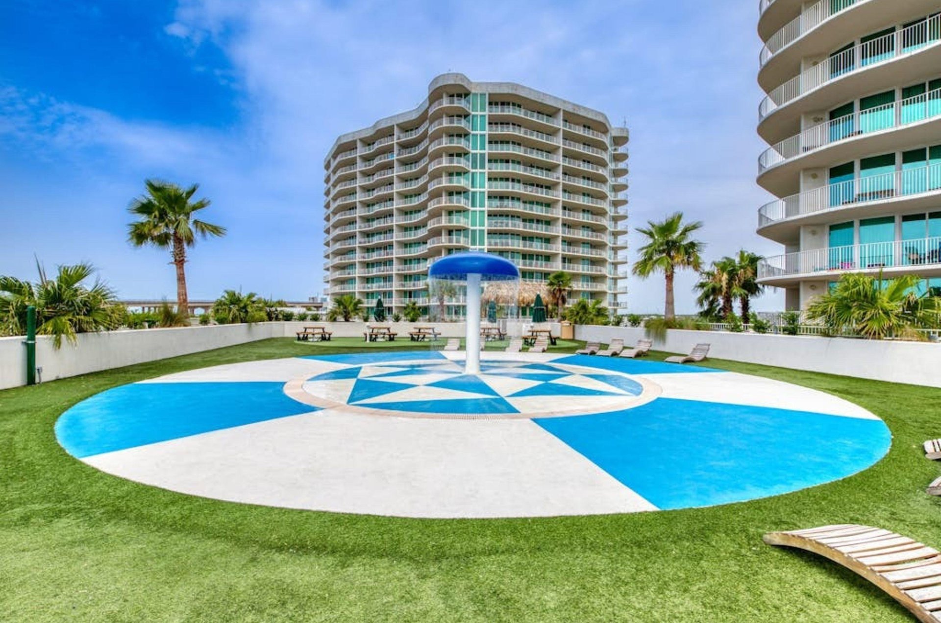 The outdoor splash pad in front of Caribe Resort in Orange Beach Alabama