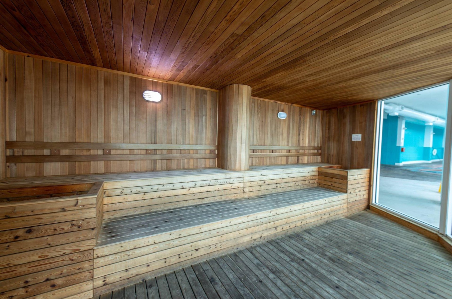The wooden interor of the sauna at Caribe Resort in Orange Beach Alabama
