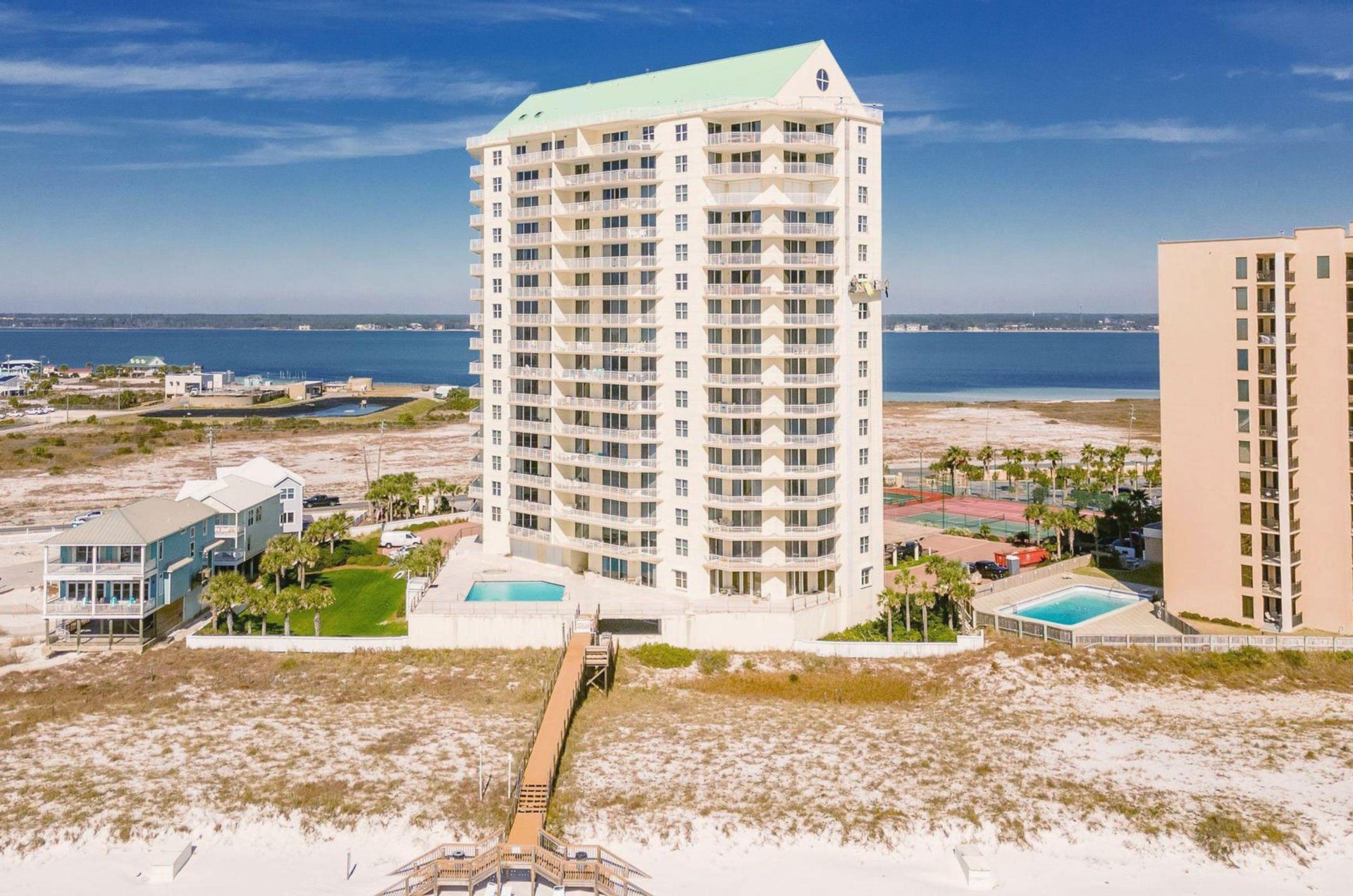 The boardwalk and Gulffront facade at Belle Mer