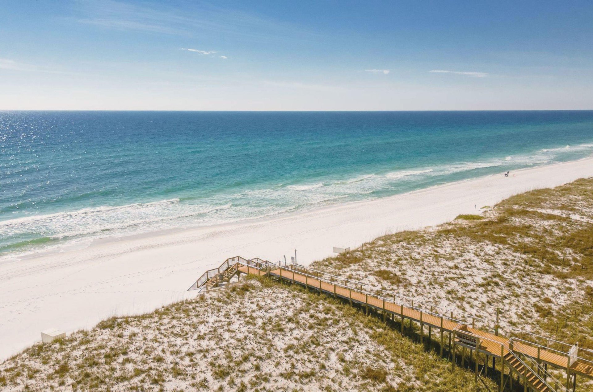 Aerial view of a boardwalk to the beach and Gulf of Mexico