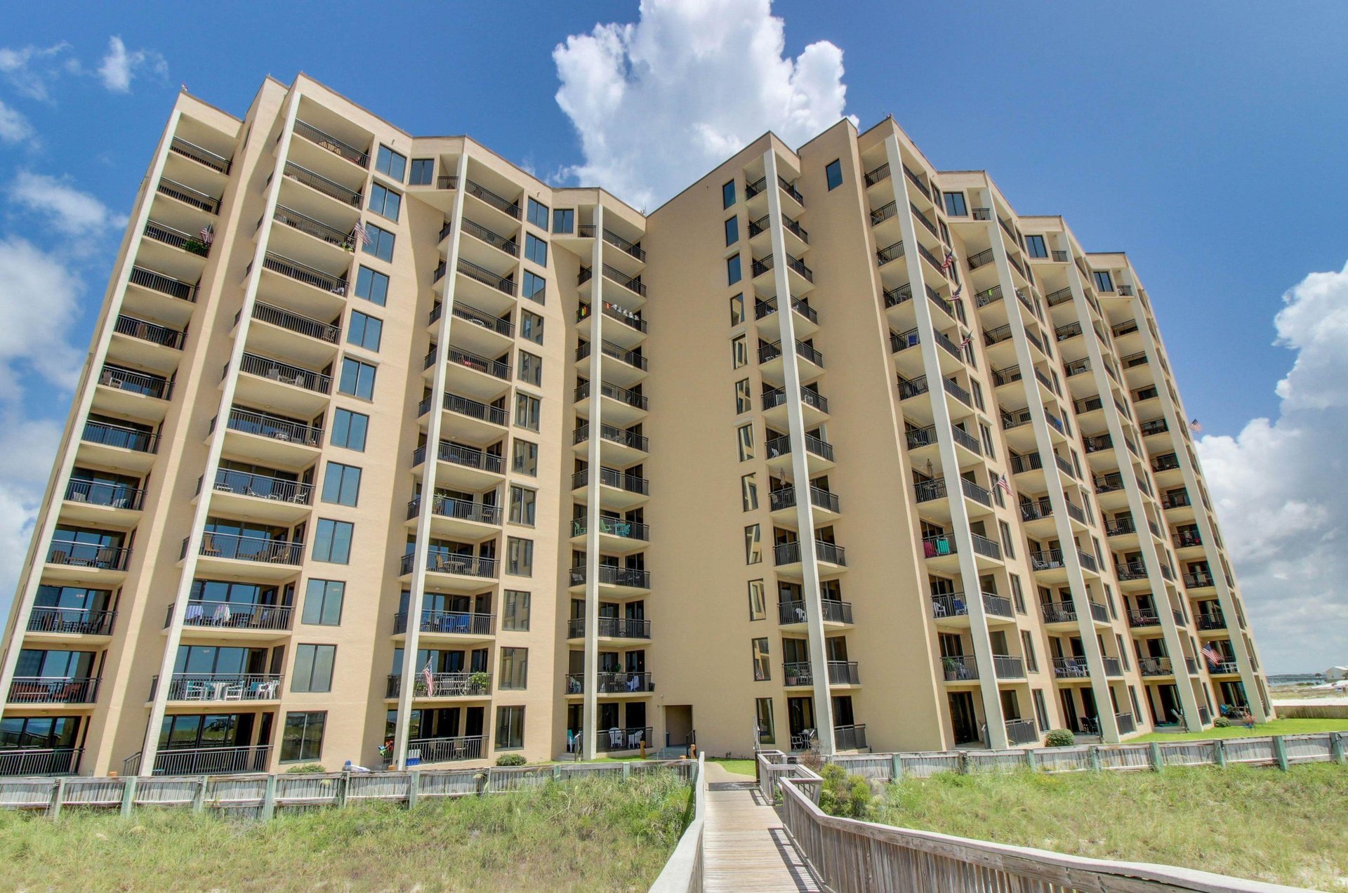 The exterior of Navarre Towers facing the beach in Navarre Beach Florida