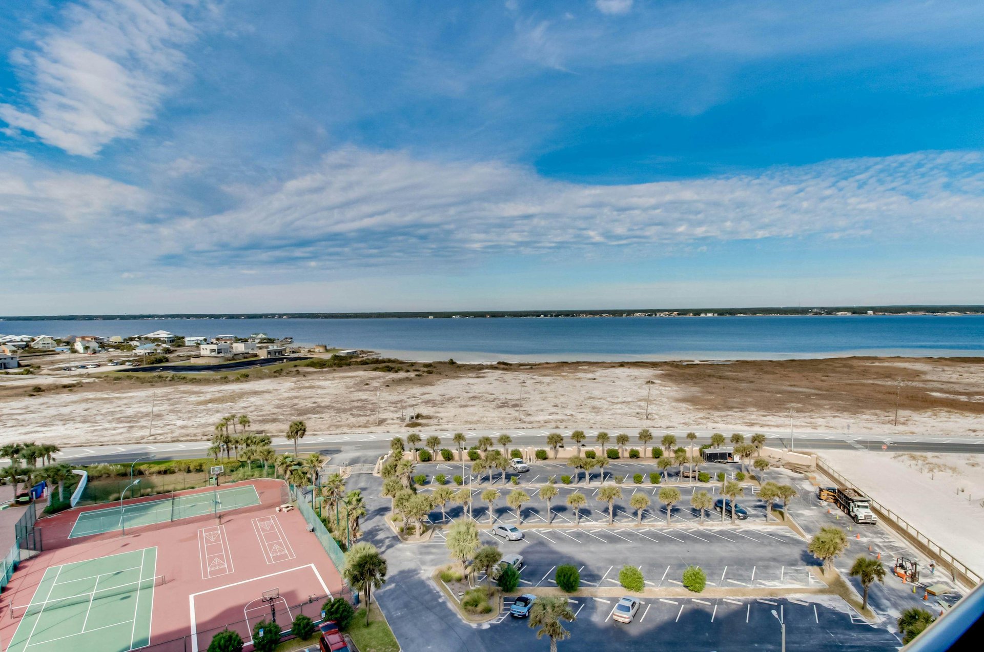 Aeral view of the parking lot and outdoor courts next to the Santa Rosa Sound