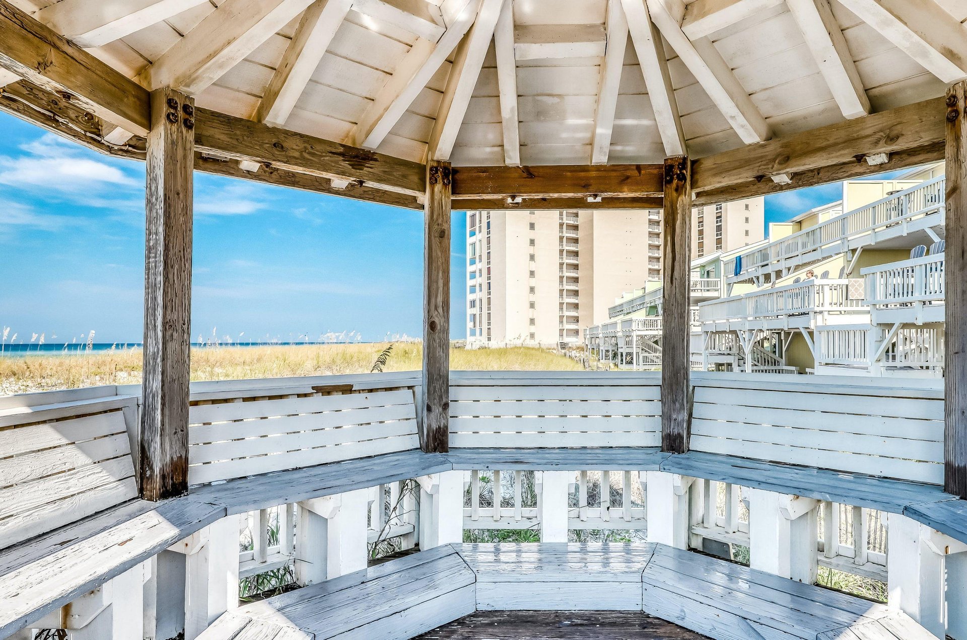 A gazebo for covered seating near the beach