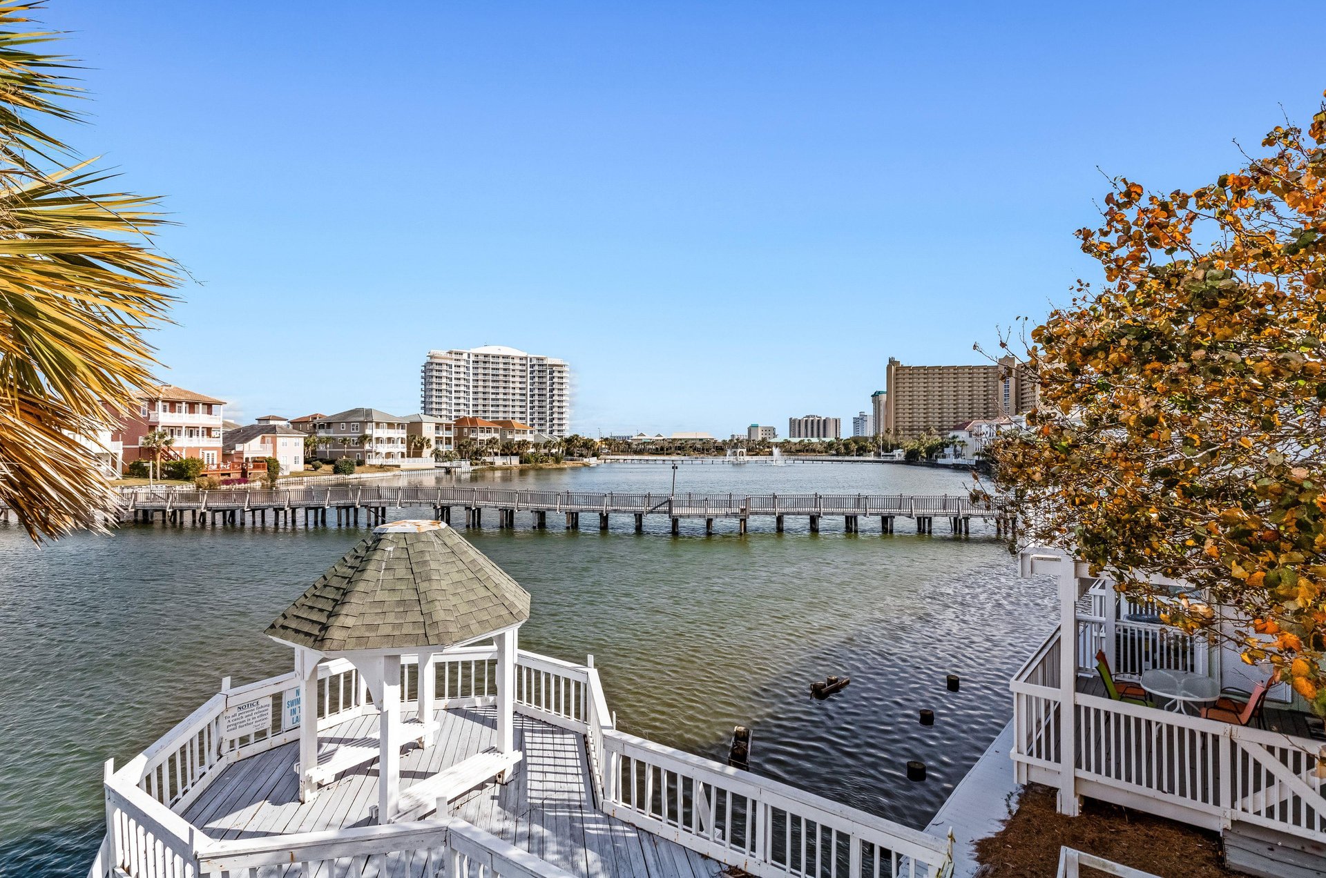 A bridge and pier on a community lake