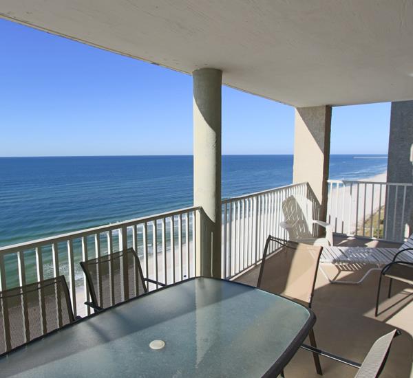 This Gulffront balcony at Long Beach Resort Panama City is the perfect spot to enjoy drinks and alfresco meals.