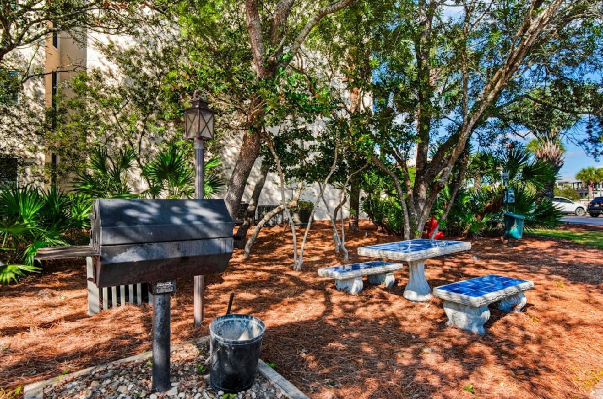 The outdoor charcoal grills and picnic table