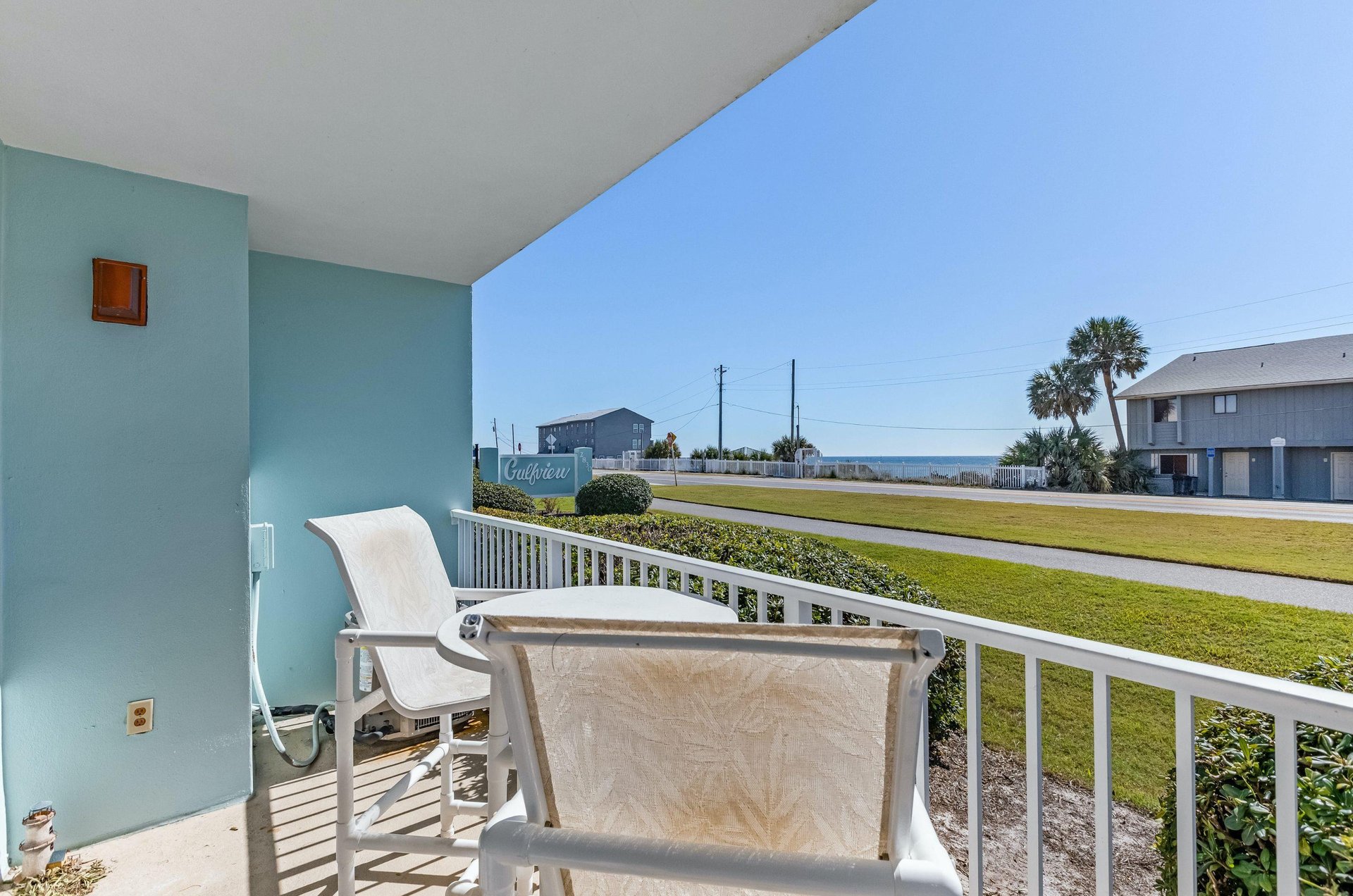 This Gulfview condos patio has a view of the Gulf.
