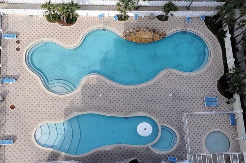 Birds eye view of the pool area at Majestic Beach Resort in Panama City Beach FL
