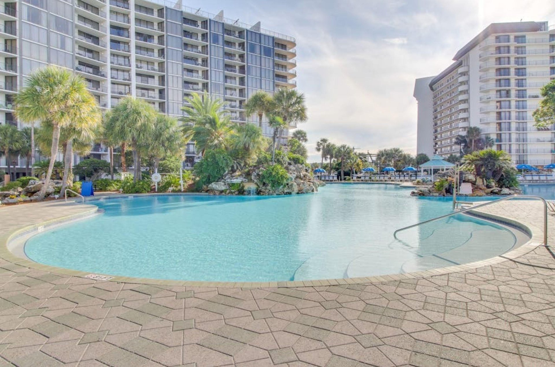 The outdoor swimming pool in front of the condos at Edgewater Beach and Golf Resort in Panama City Beach Florida