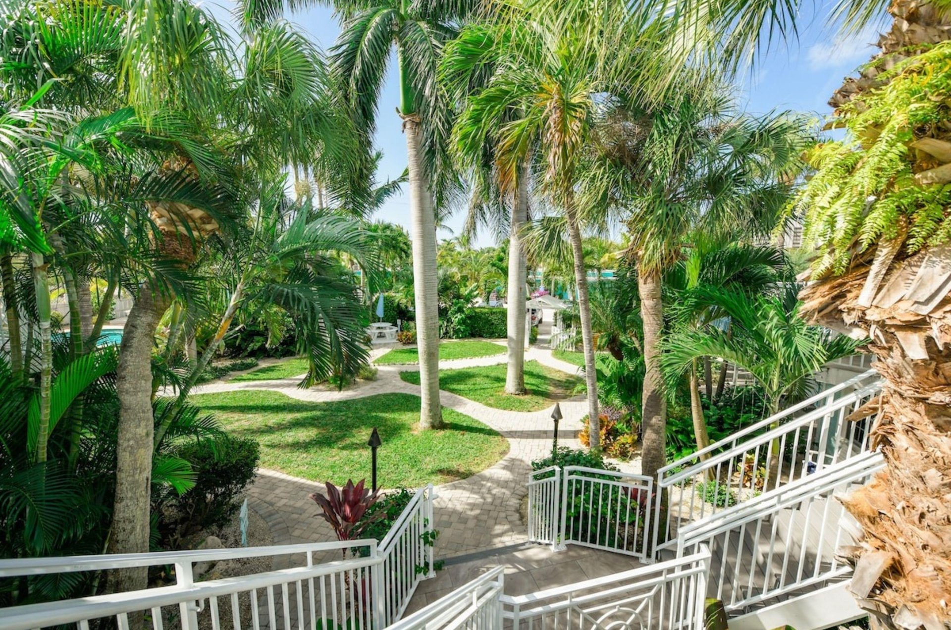 View from a balcony of the lush courtyard with walking paths