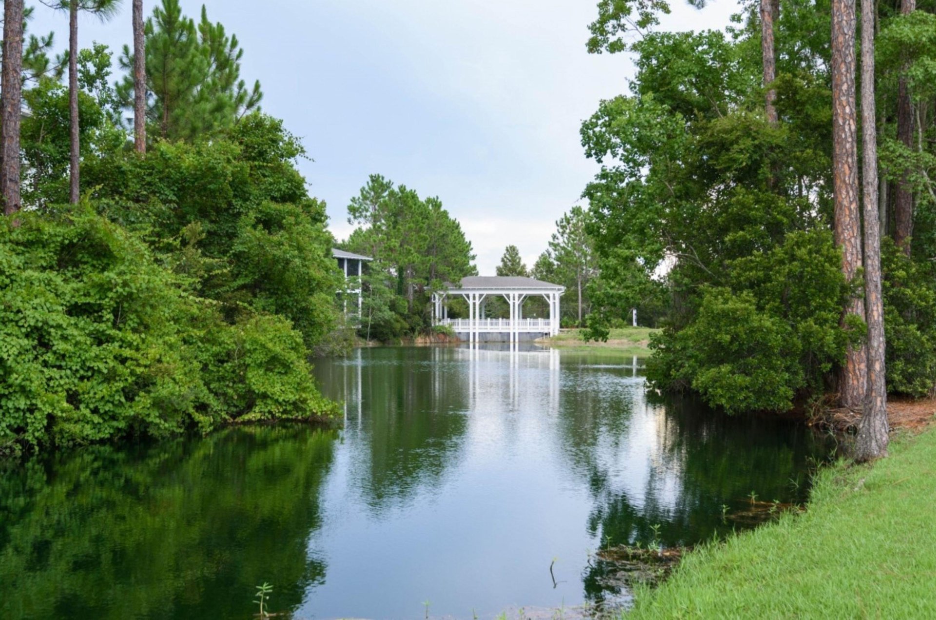 A peaceful pavilion atop a community lake