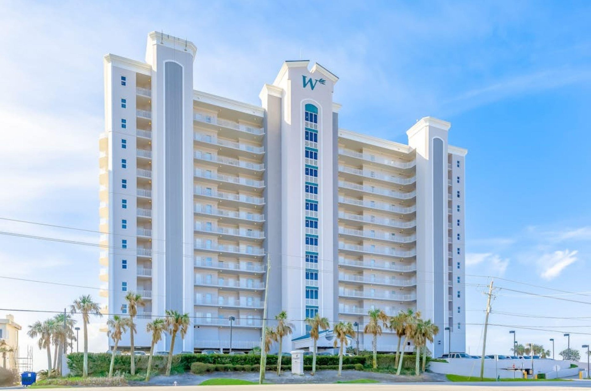 View from the street of the exterior of Windemere Condos in Perdido Key Florida