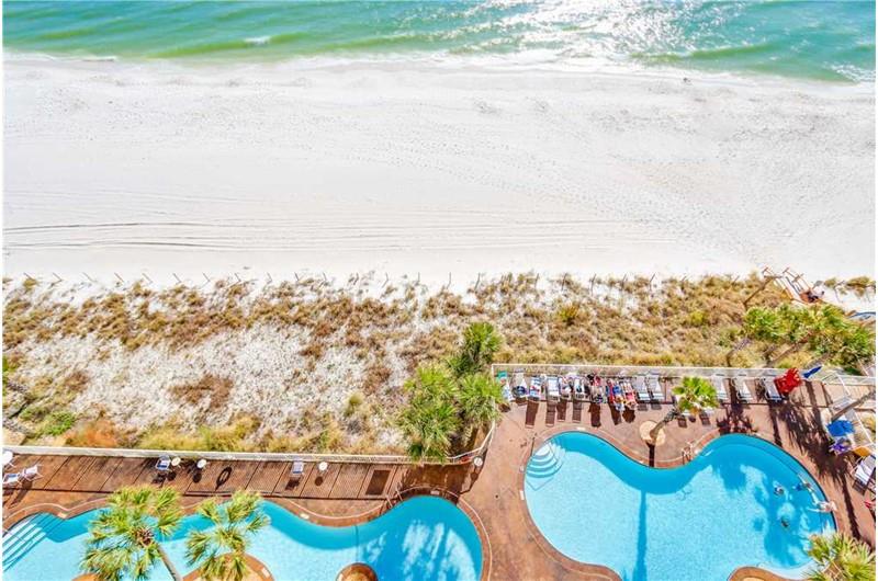 Birds eye view of the pool and beach at SPLASH in Panama City Beach Florida