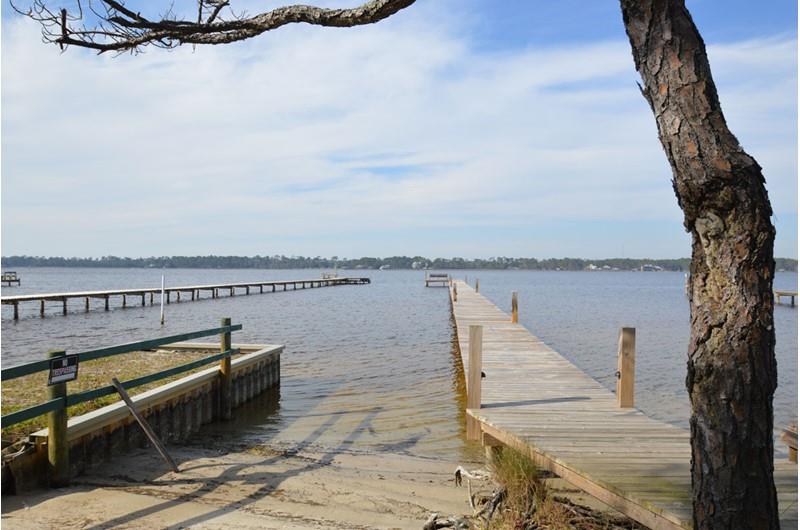 View of piers and bay at Gulf Village Gulf Shores AL