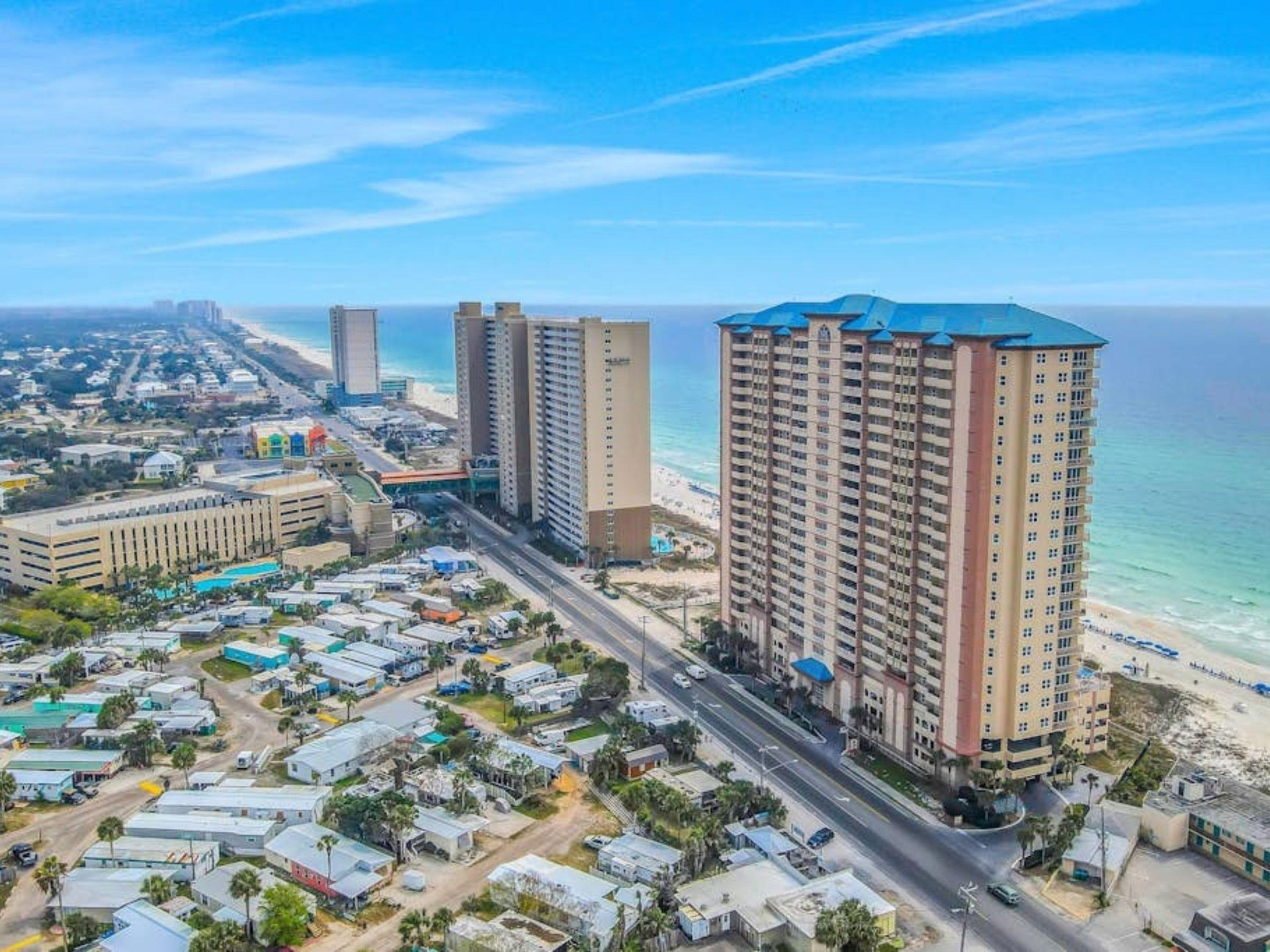 Aerial view of Sunrise Beach Resort on the Gulf in Panama City Beach, Florida