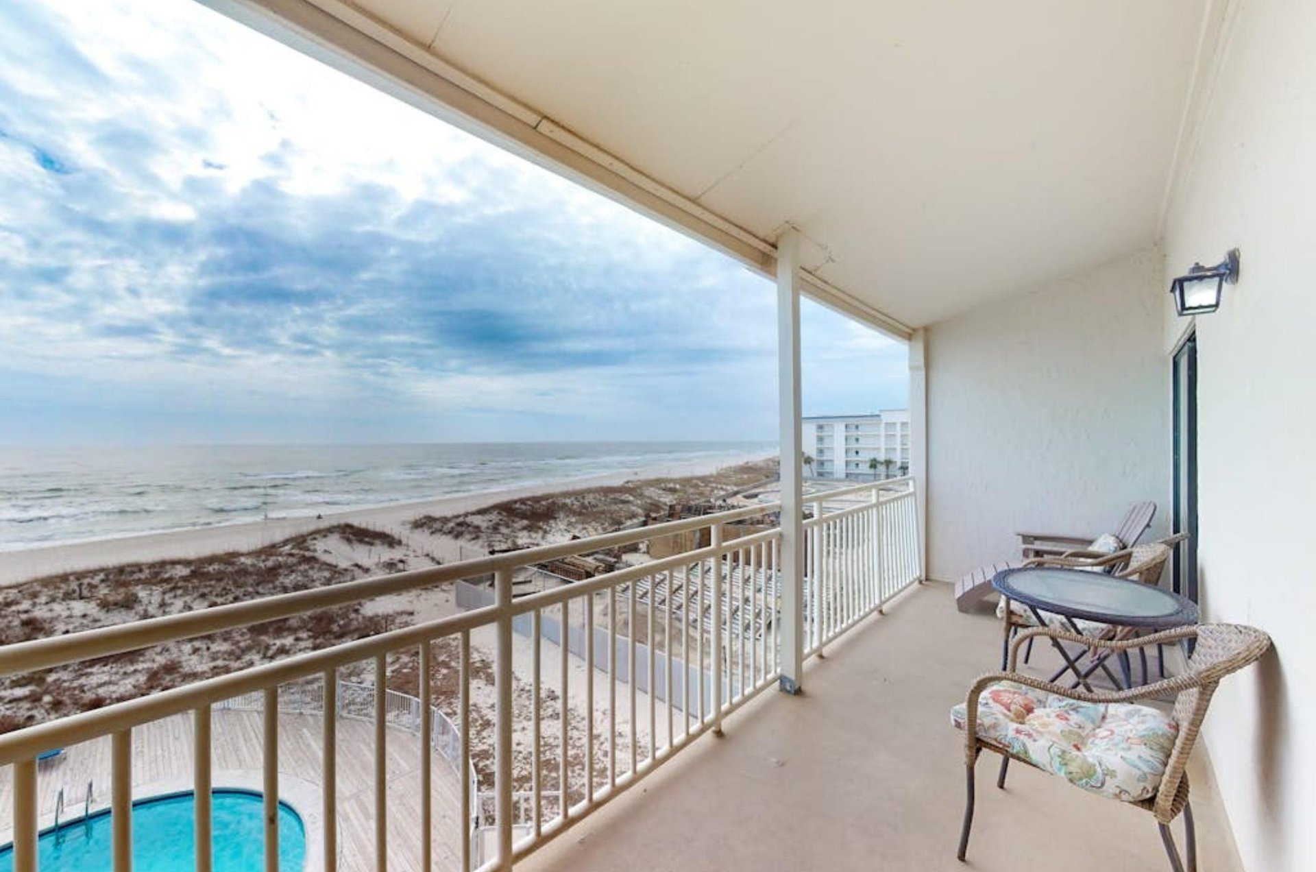 A private balcony overlooking the Gulf at Sugar Beach Condos in Orange Beach Alabama