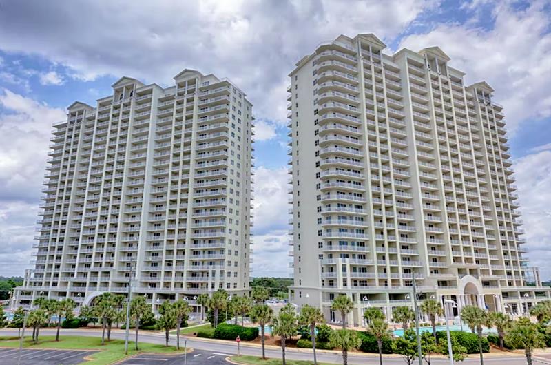 The property has two distinctive towers.