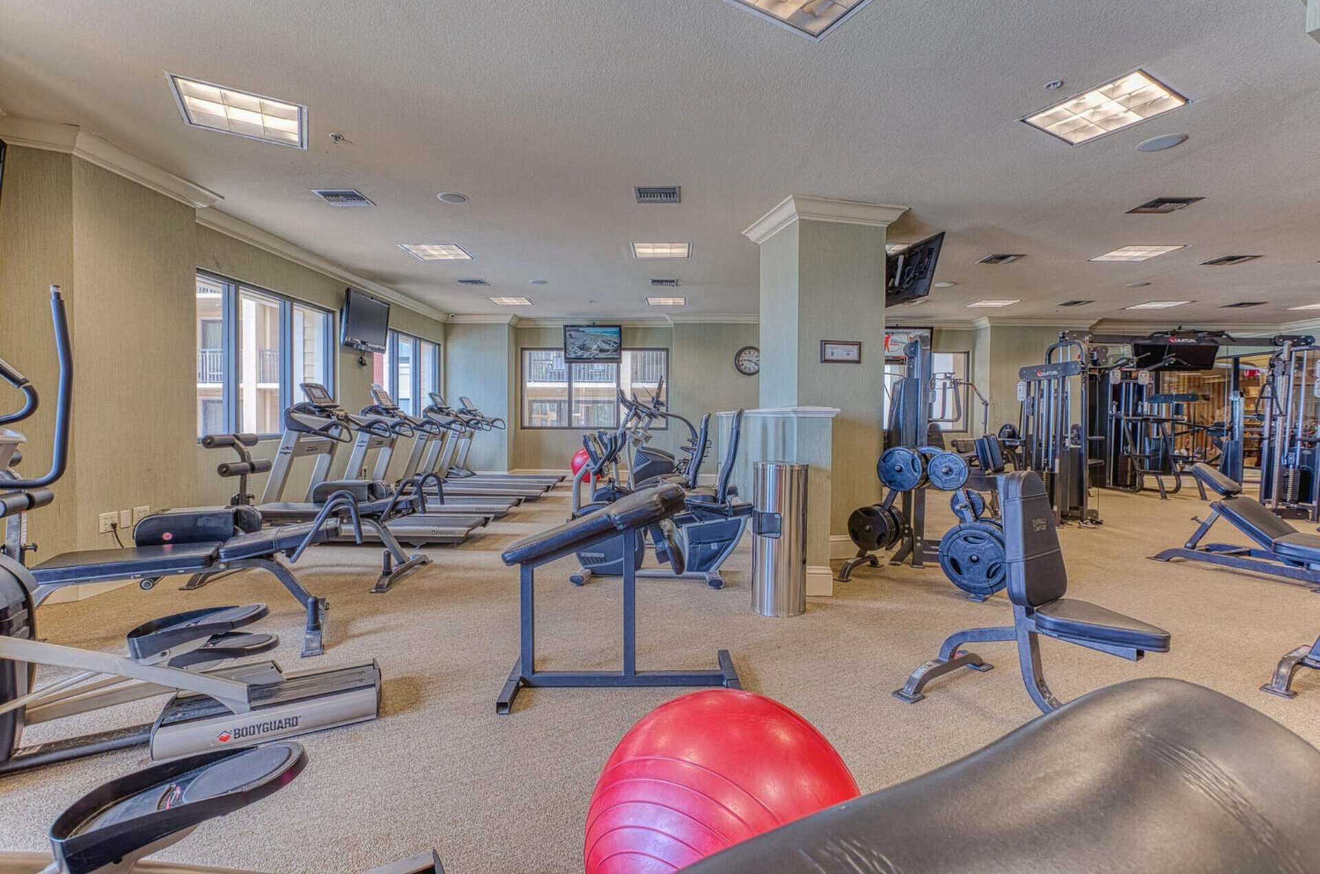 The fitness center is equipped with treadmills, exercise bikes, eliptical machines, and much more.