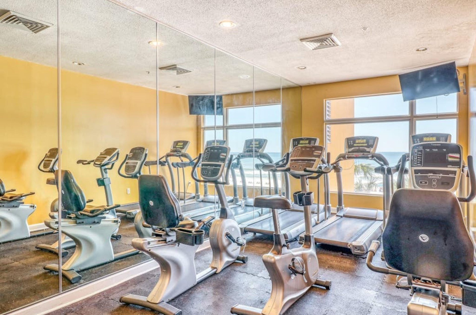 Cardio equpiment in front of the windows at the onsite fitness center