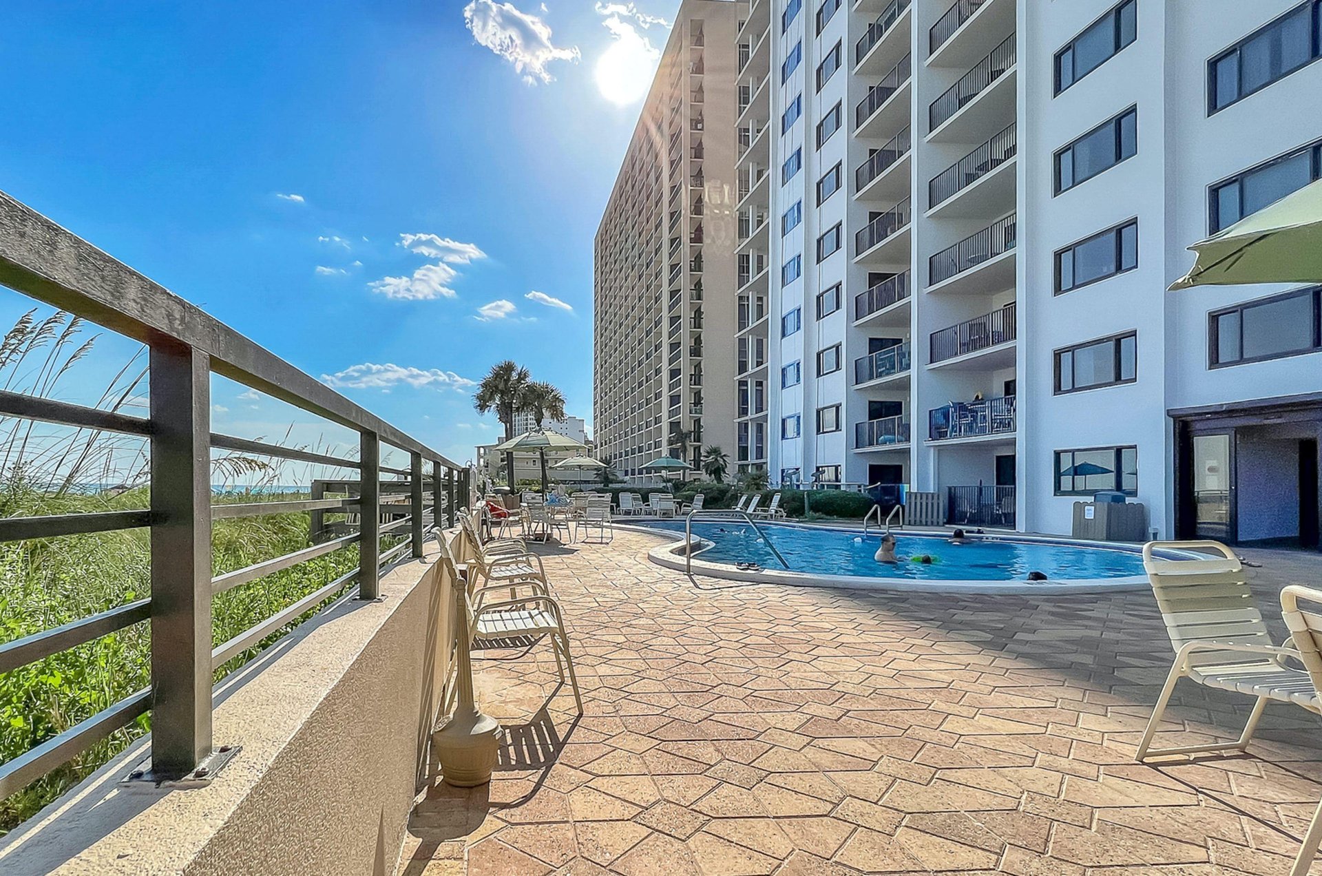 All the rental condos at Emerald Towers have balconies overlooking the swimming pool and Gulf of Mexico beach.