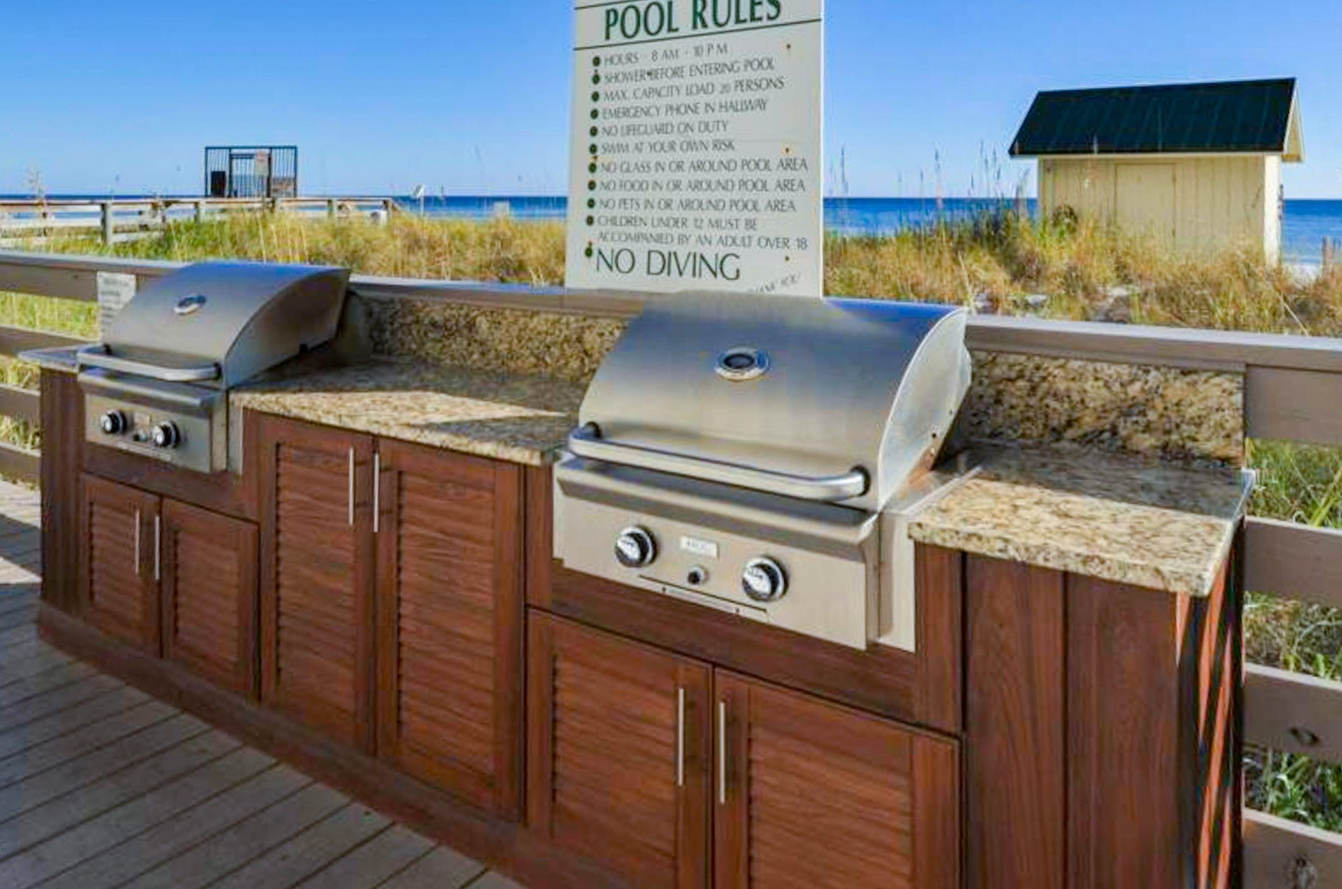 The complex has gas grills for fixing homecooked meals.