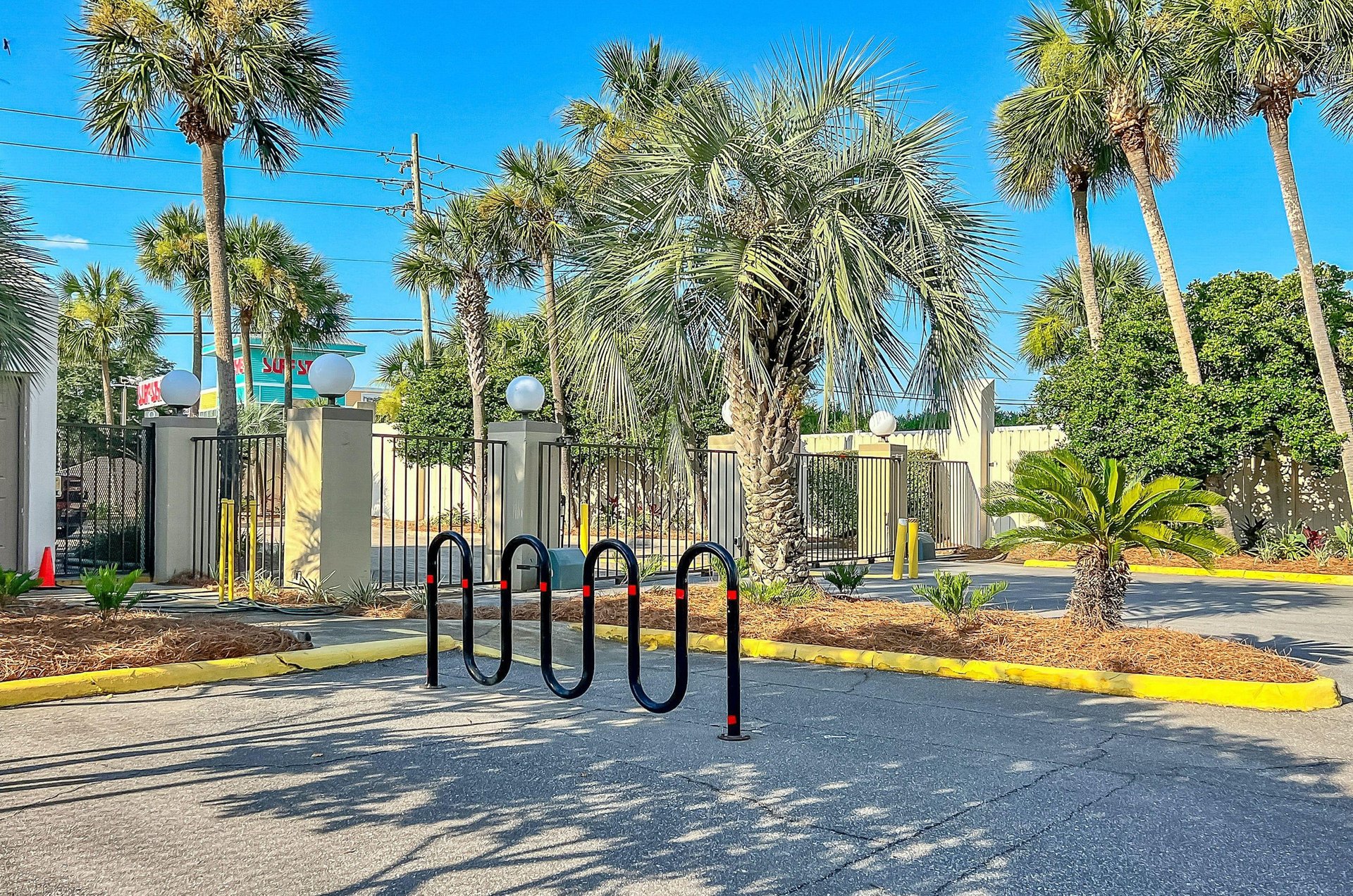 The community is gated and provides convenient bicycle racks for cyclists.