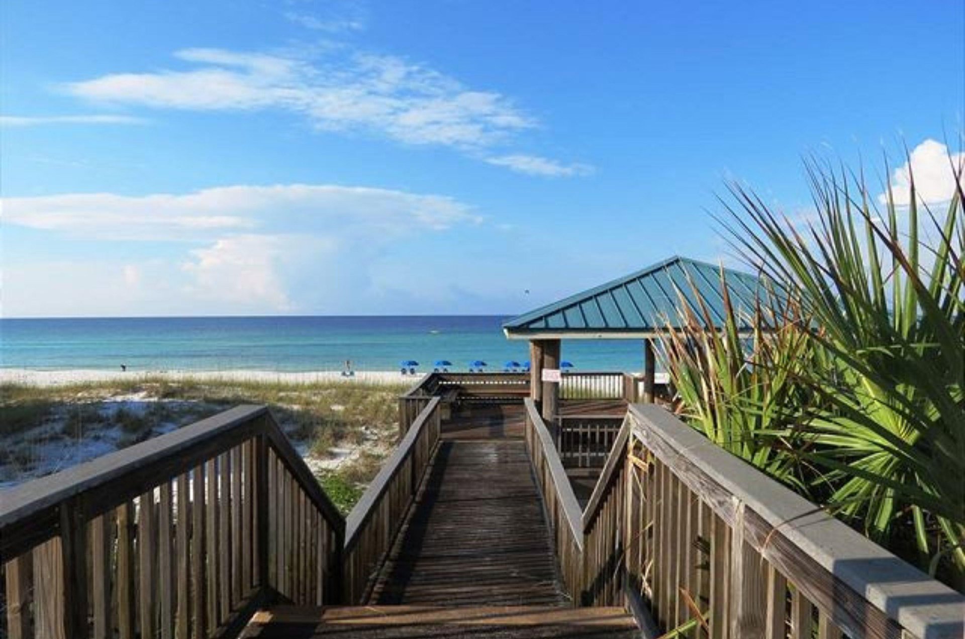 The beach boardwalk to the gazebo overlooking the pristine beach.