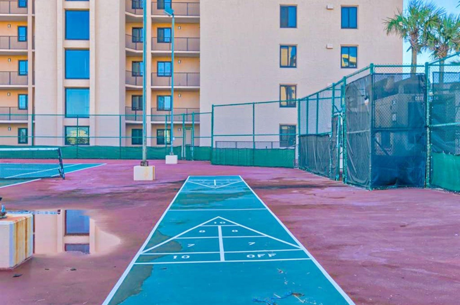 The outdoor shuffleboard court at Broadmoor Condominiums