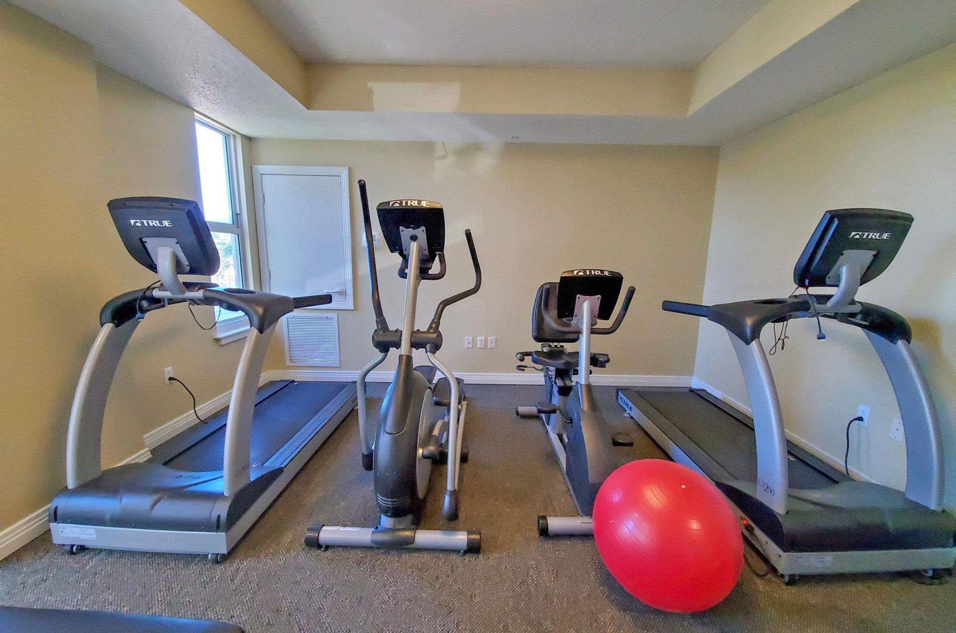 Cardio equipment and an exercise ball in the fitness center
