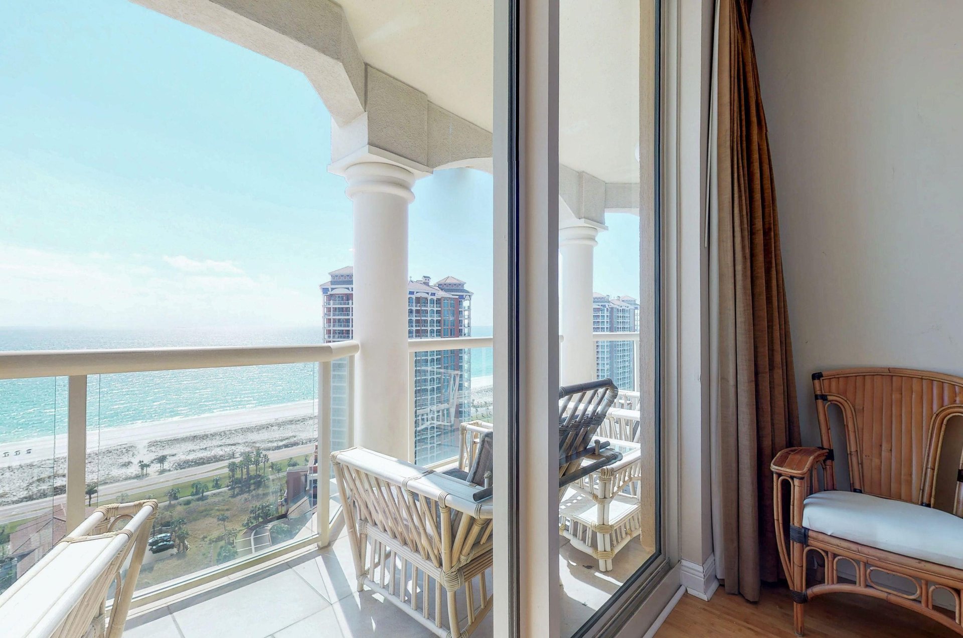 The bedroom of a unit with spectacular Gulf views