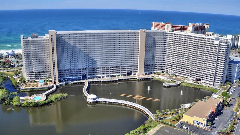 Aerial view of the lake at Aerial view of Laketown Wharf in Panama City Beach Florida