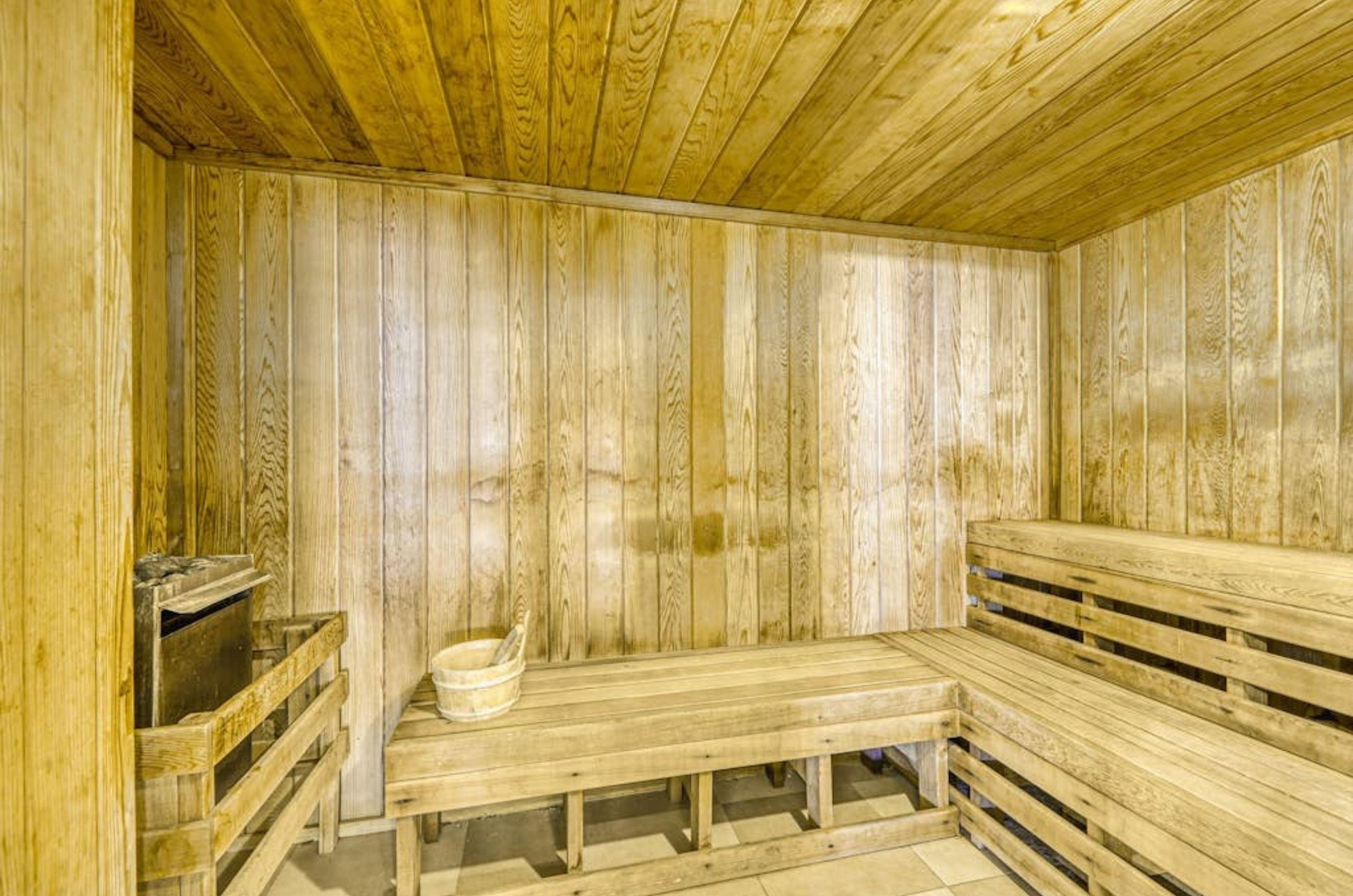 The wooden interior of the sauna at Escapes to the Shores in Orange Beach Alabama