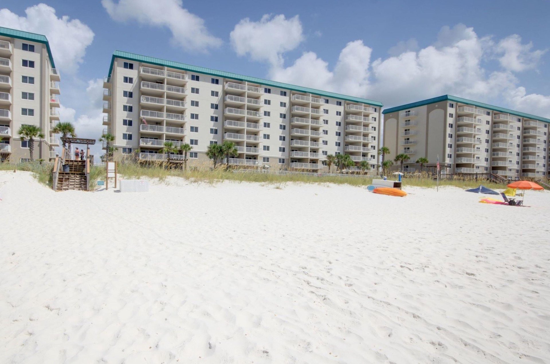 The beachside facade of Sandy Key Condos in Perdido Key Florida