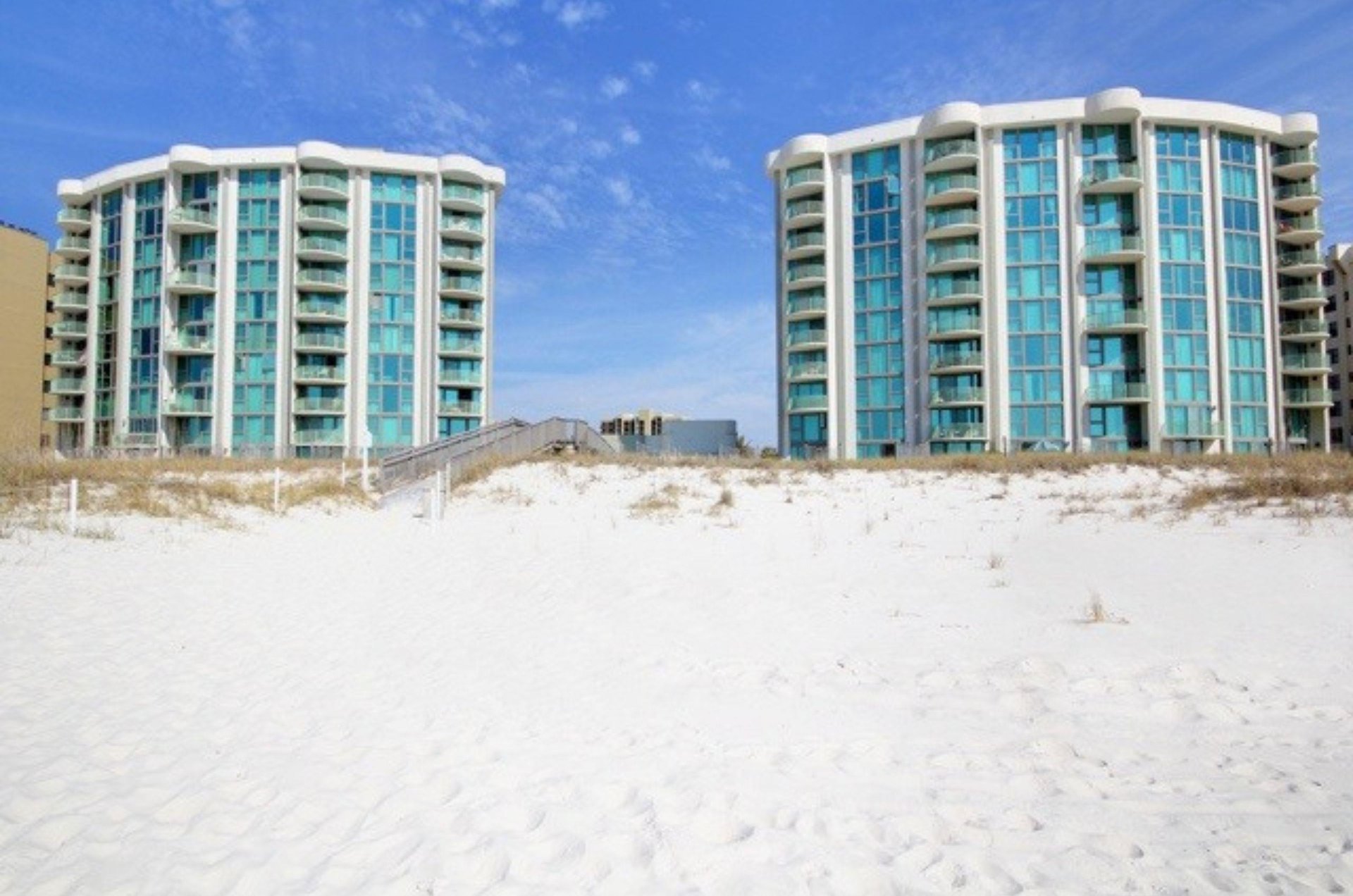 View from the beach of the two Perdido Towers condominiums