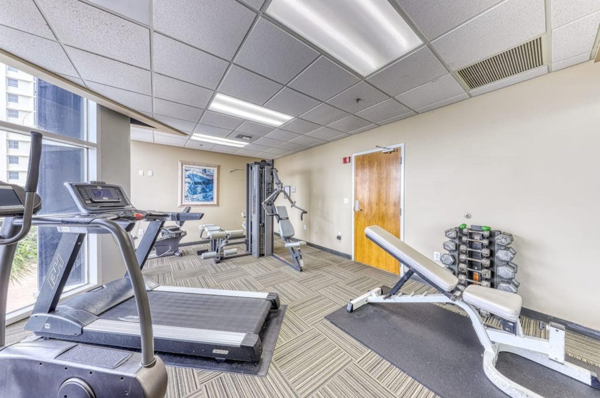 The wellequipped gym at Palacio Condos with strength and cardio equipment