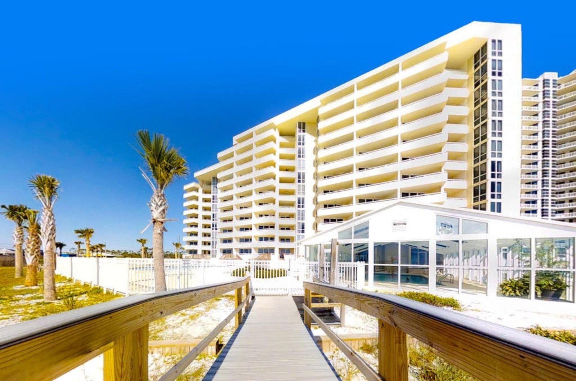 The beachside facade of Perdido Sun in Perdido Key Florida